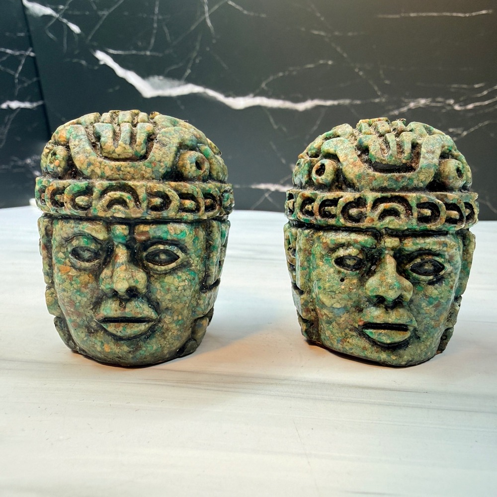 Vintage Mesoamerican Mexican Folk Art Crushed Stone Head Figurines Pair Green
